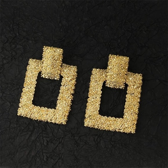Large Geometric Textured 18k Gold Plated Earrings - Picture 3 of 7